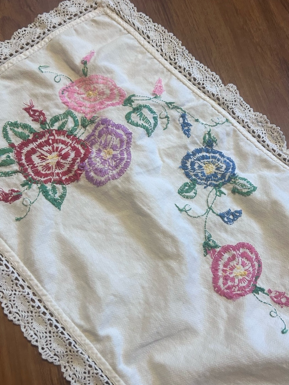 Vintage Floral Embroidered Table Runner in Cream, Pink, Blue, Green - Picture 5 of 7